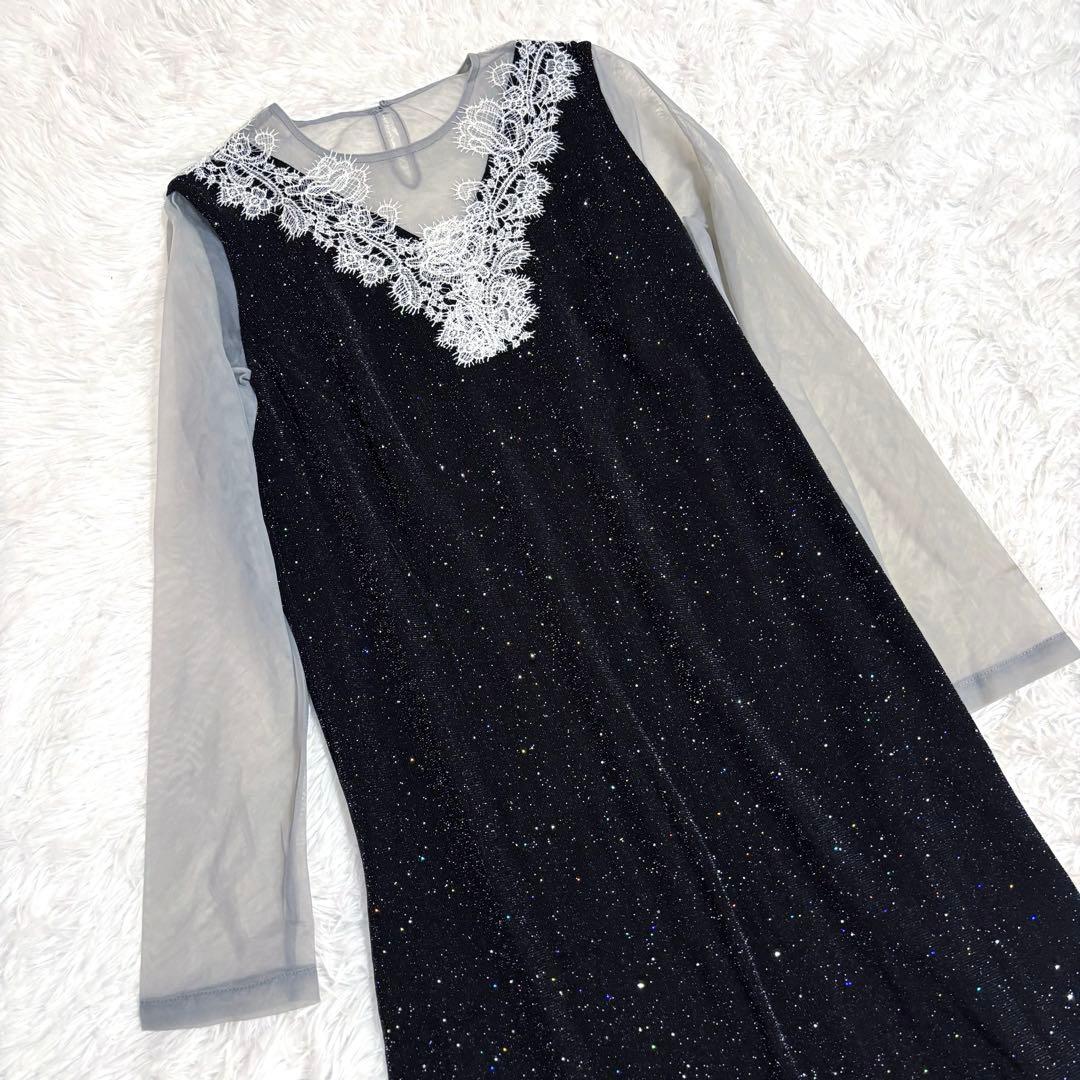 leja ラメ　レース装飾付きロングドレス　ブラック　ワンピース　オケージョン