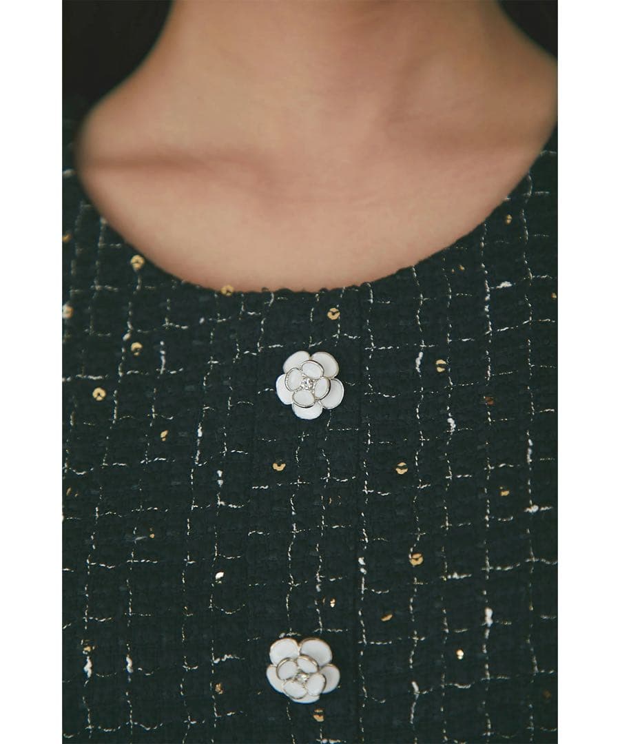 【新品　タグ付き】トッコ　フラワー飾り釦付きスパンコールツイードタイトワンピース