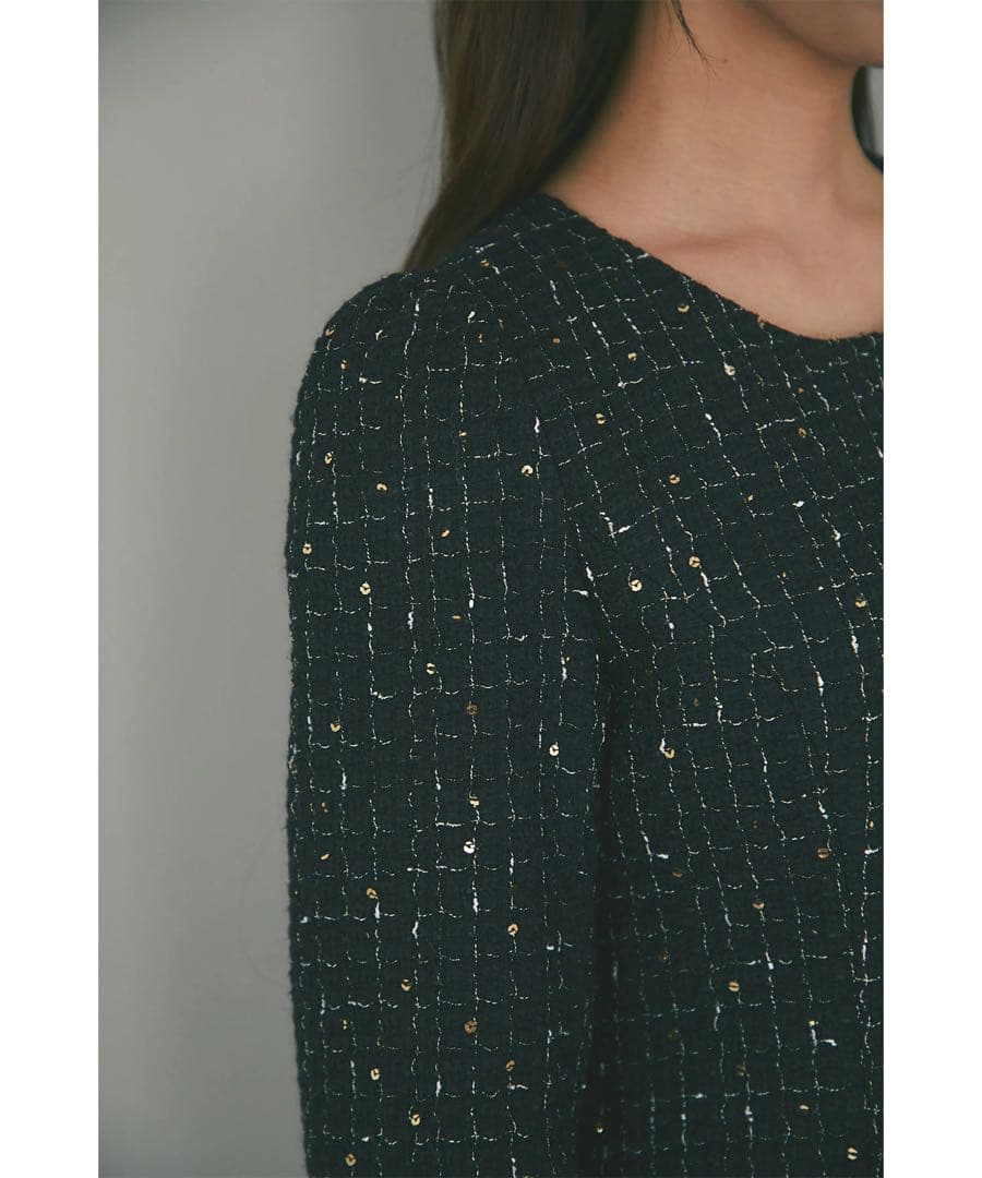 【新品　タグ付き】トッコ　フラワー飾り釦付きスパンコールツイードタイトワンピース