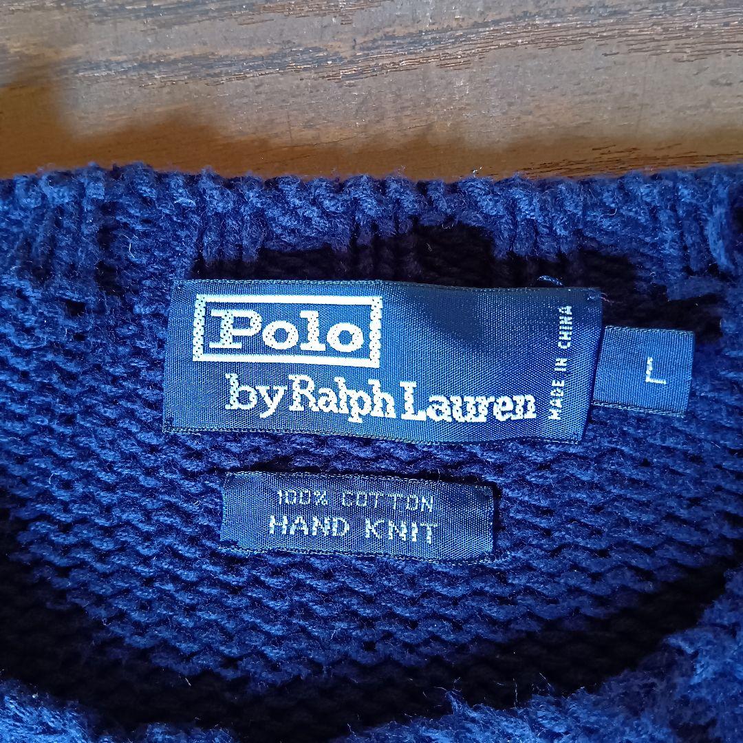 【希少・手編み】90s ポロ ラルフローレン 星条旗 コットン ニット L 紺