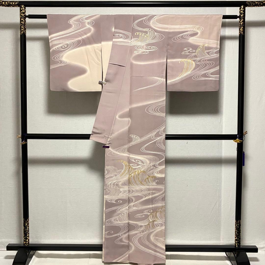 D139 訪問着　荒波　流水　金駒刺繍　落款入　正絹　着物　袷　極美品