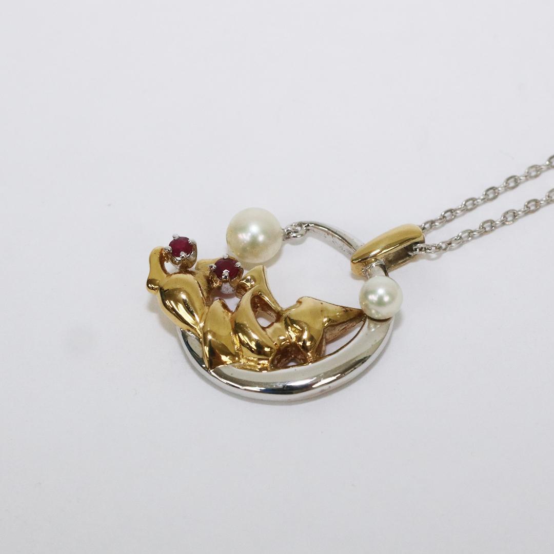 ミキモト ペンダント ネックレス　シルバー　パール　月　色石 三日月