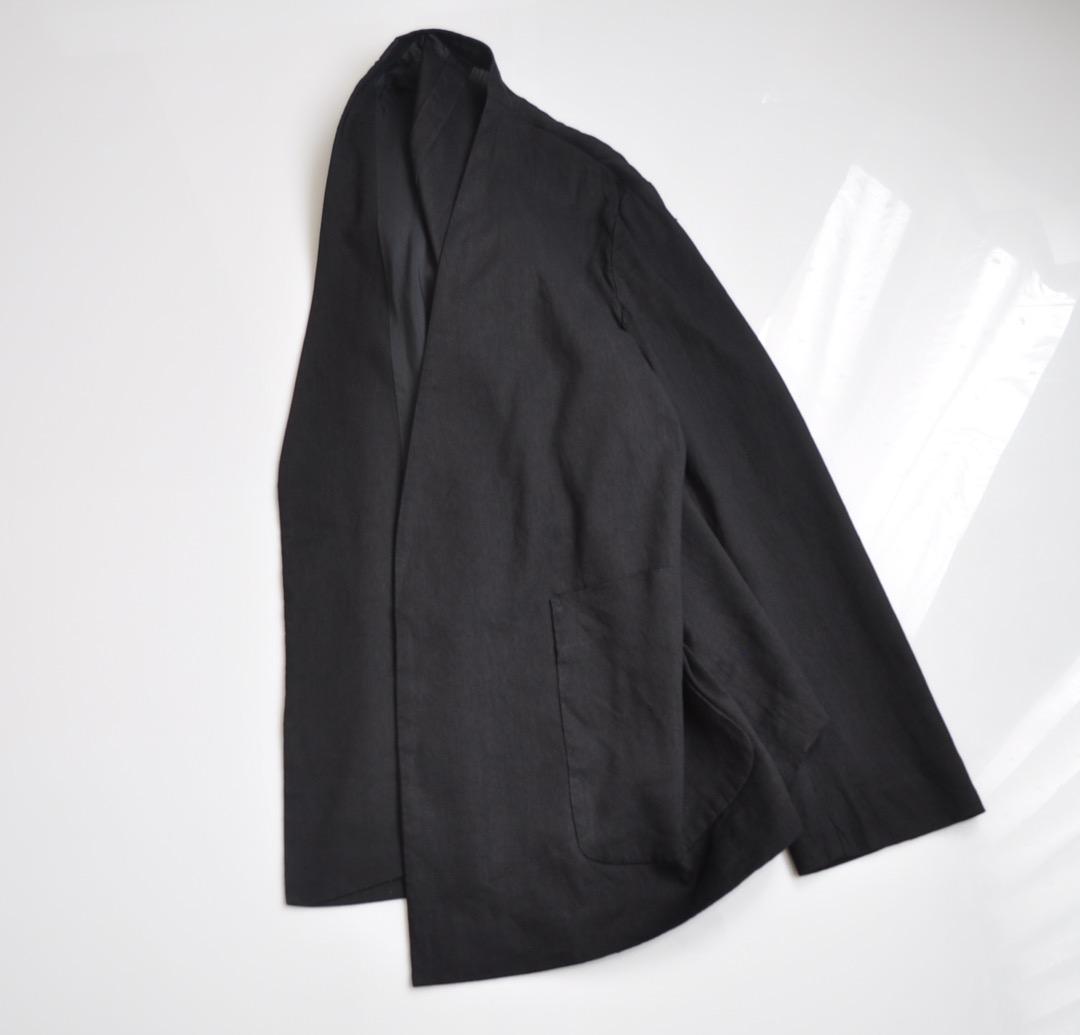 ジョンスメドレー リネン ノーカラージャケット ウエストベルト付 黒 麻