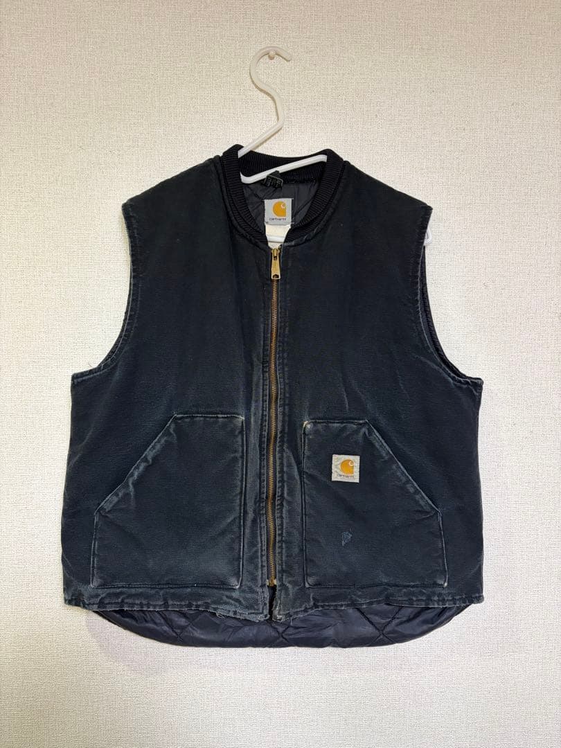 古着 USA製 カーハート ダックベスト ジャケット 腰ゴム　ネイビー　ブラック