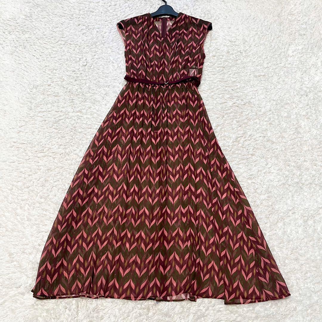 2023 ANAYI リーフ楊柳幾何Vネックフレアワンピース ラメ ベルト