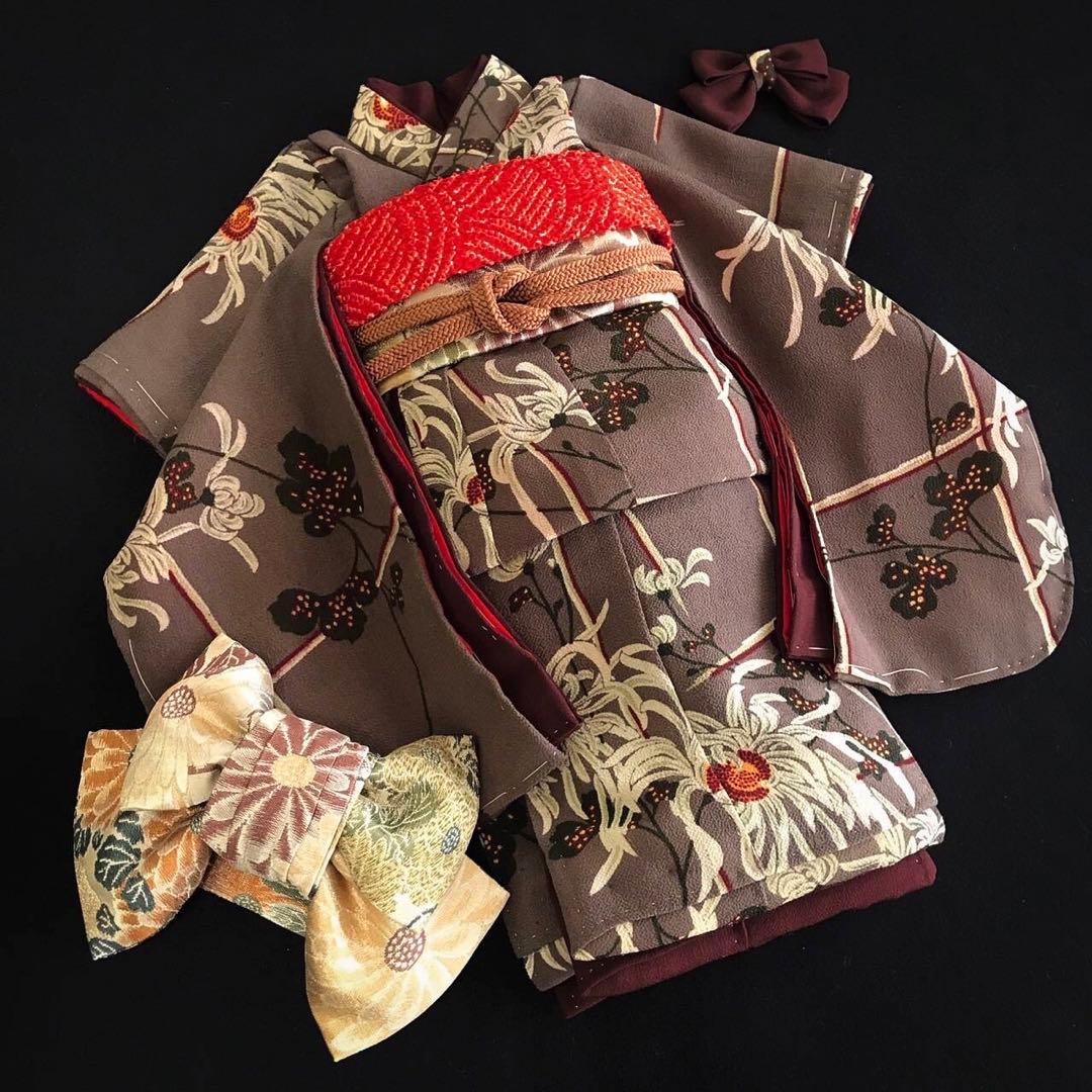 ＊ 市松人形 15号 縮緬 アンティーク 着物 帯 ＊ 菊