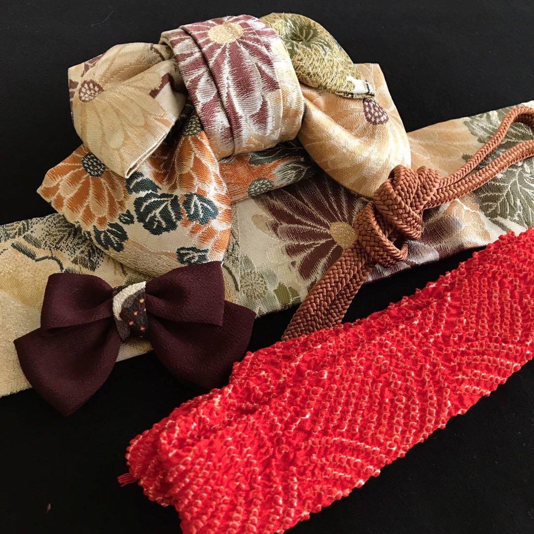 ＊ 市松人形 15号 縮緬 アンティーク 着物 帯 ＊ 菊