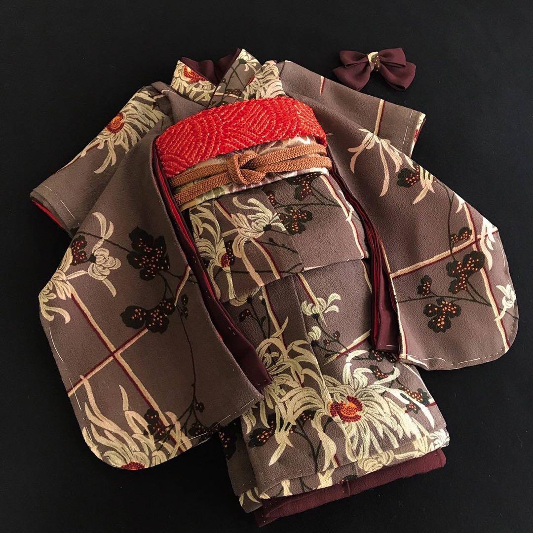 ＊ 市松人形 15号 縮緬 アンティーク 着物 帯 ＊ 菊