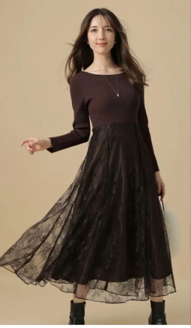 Apuweiser-rich 華奢レースドッキングニットワンピース　新品タグ付き