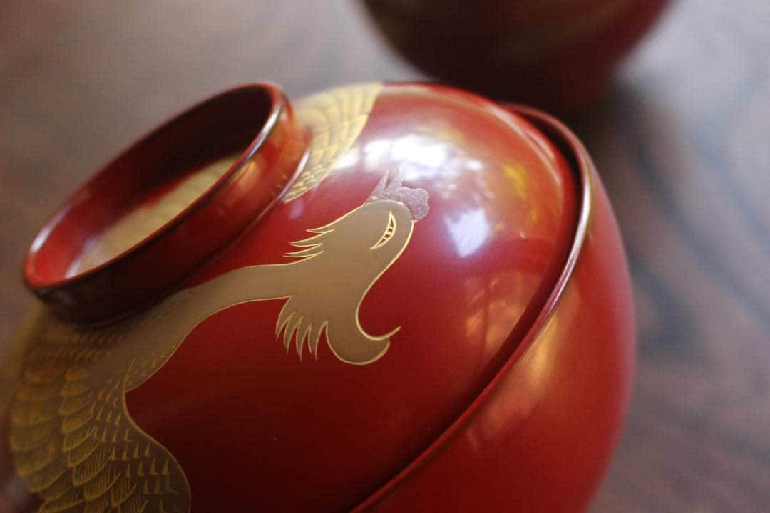 時代逸品！上質朱漆に極上鳳凰沈金蒔絵の映える大椀2点（検輪島塗雑煮椀煮物椀