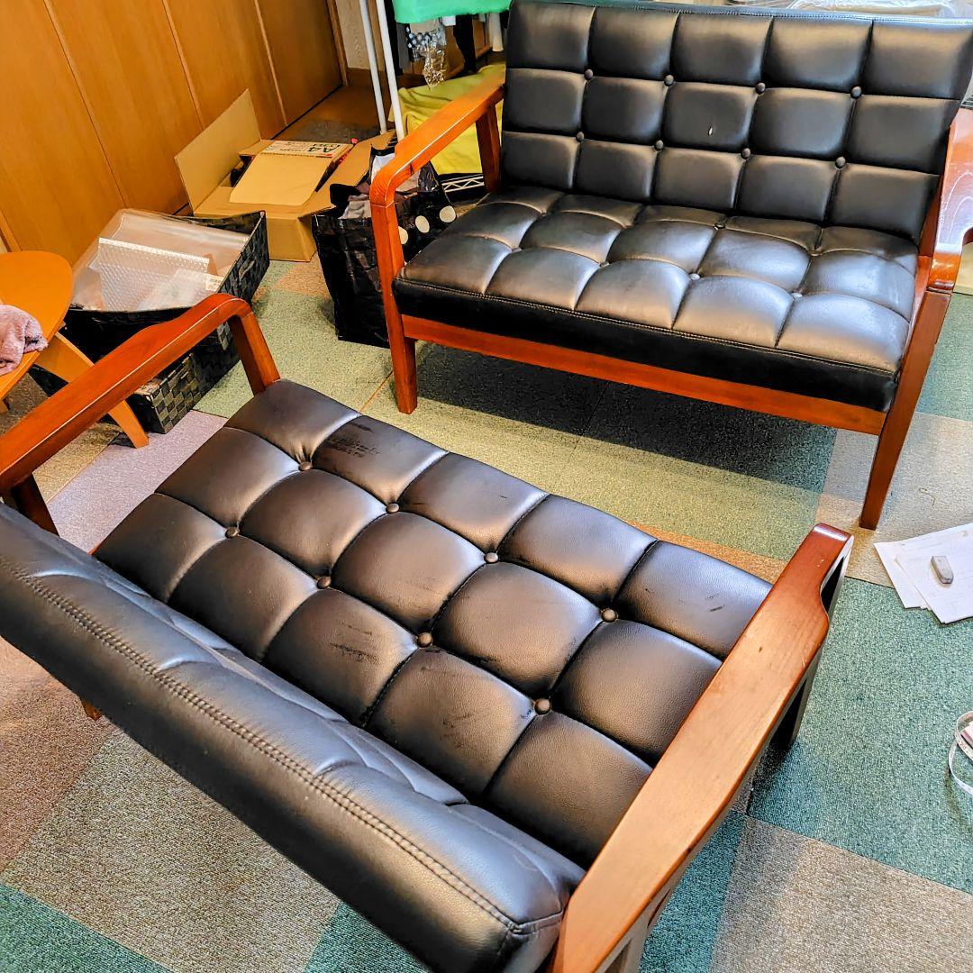 黒色合成皮革2人掛けソファ