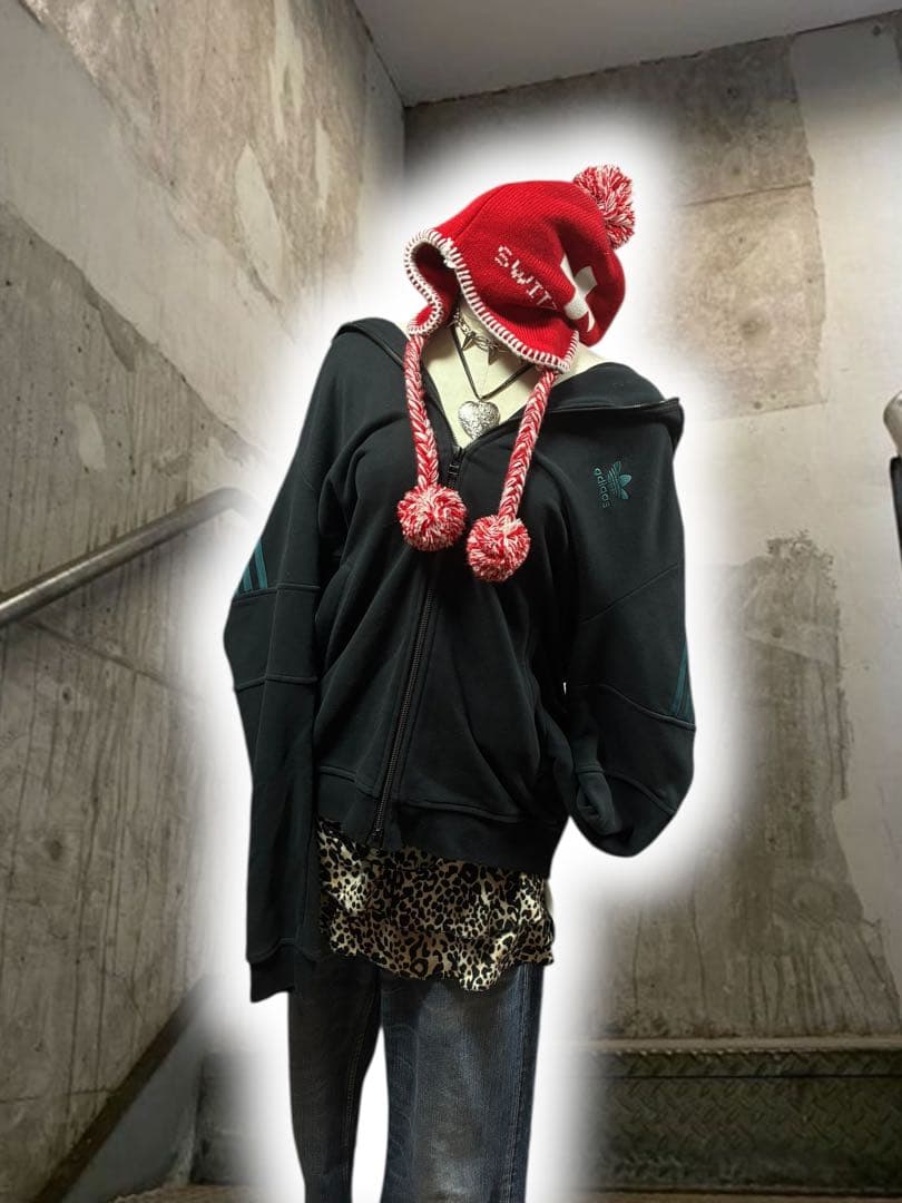 レア✴︎adidasトレフォイル刺繍Wジップ　ターコイズy2kグランジ平成ギャル