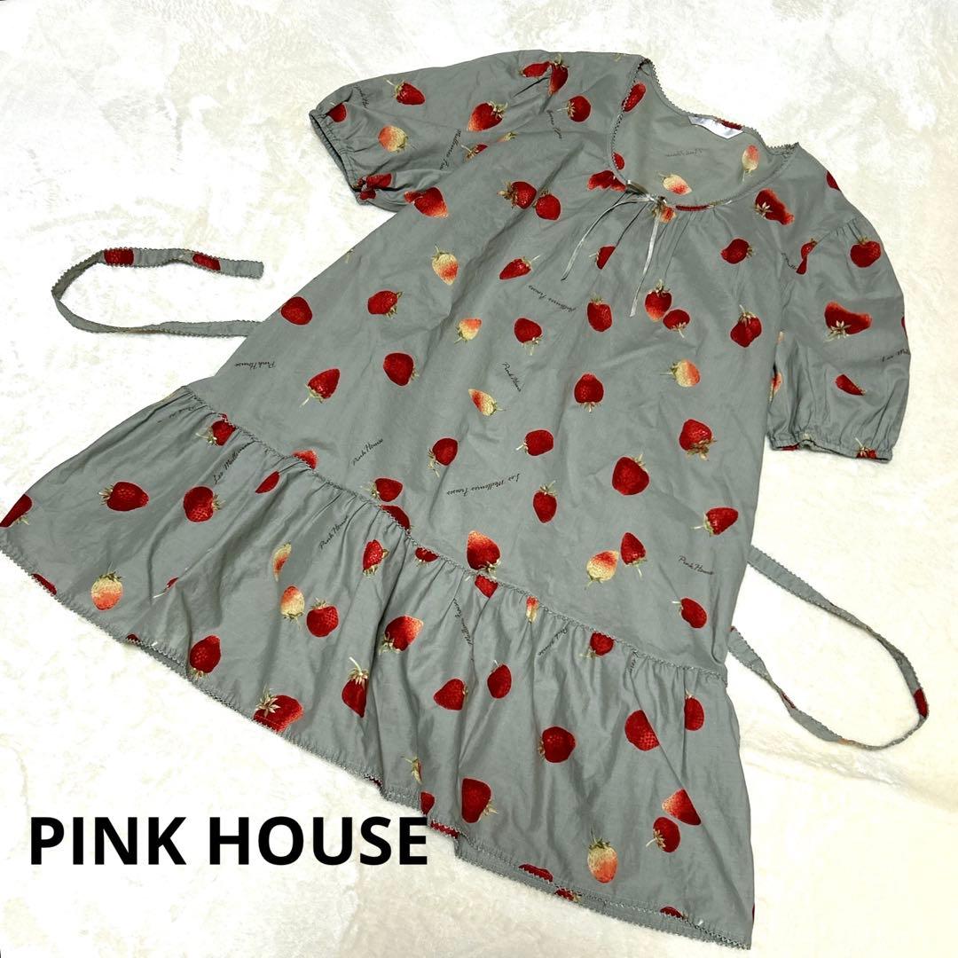 ピンクハウス 大人気の苺プリント ローンチュニック グレー いちご イチゴＰ38