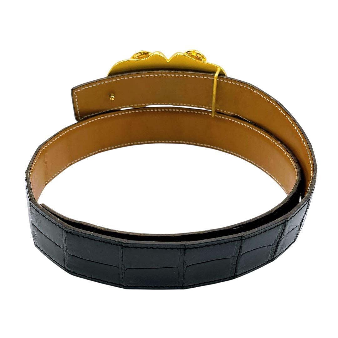 良品 エルメス クロコ エレファントバックル ベルト 75 ブラック ゴールド