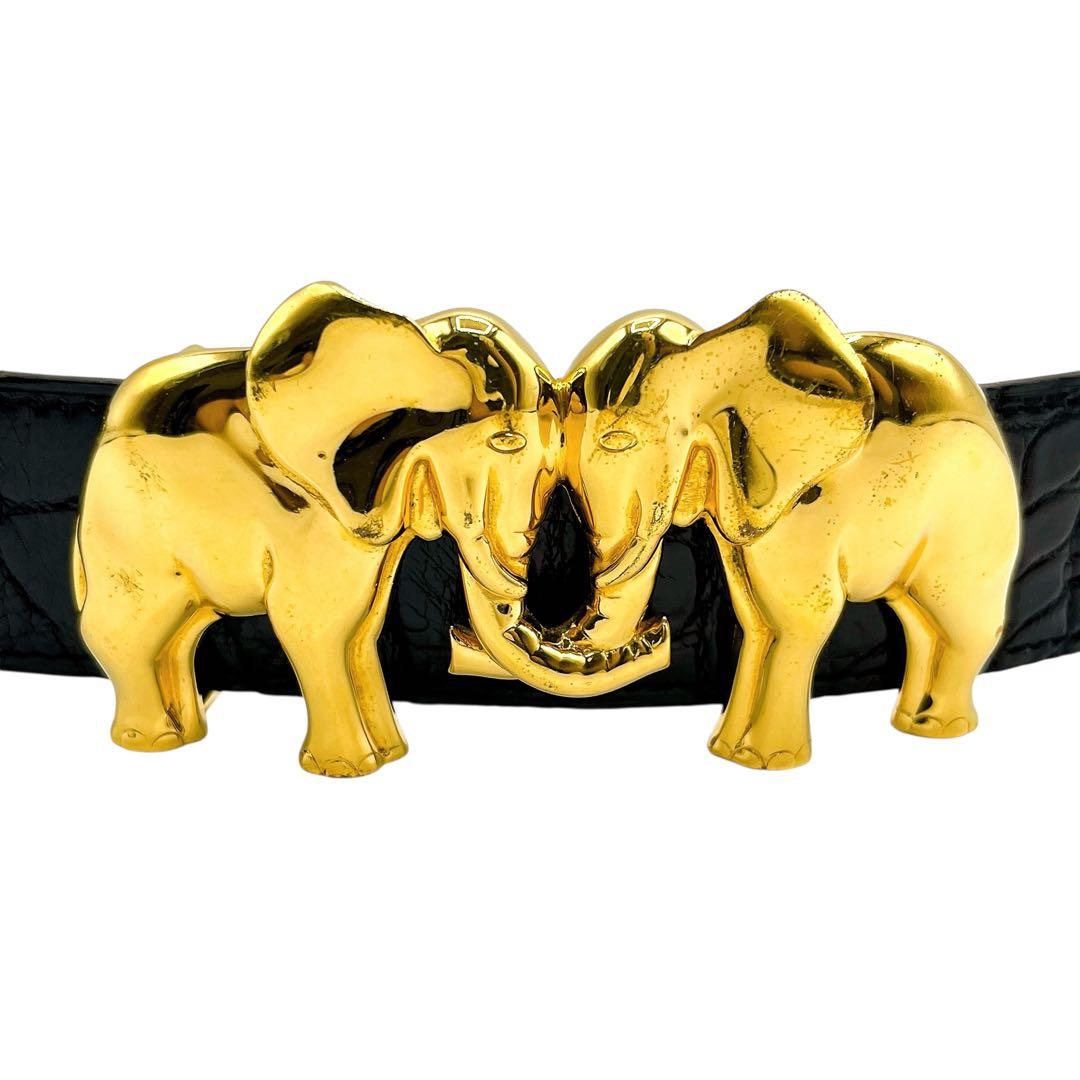 良品 エルメス クロコ エレファントバックル ベルト 75 ブラック ゴールド