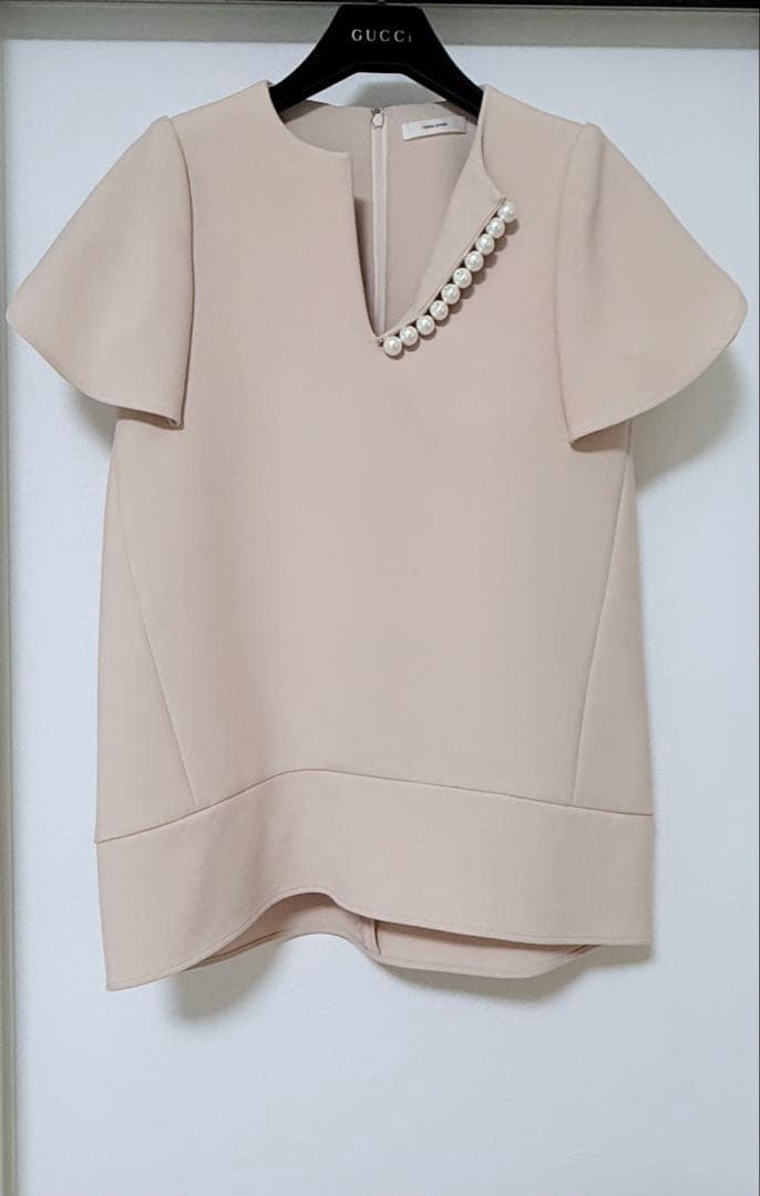 YOKO CHAN ベージュ パール装飾 半袖チュニック