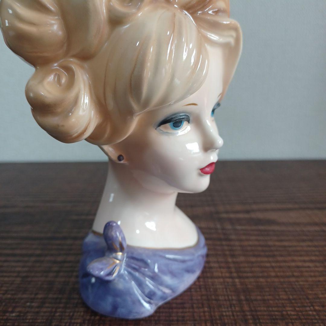 ビンテージ レディヘッドベース 陶器製置物花瓶　紫とイエローのドレス　2点セット