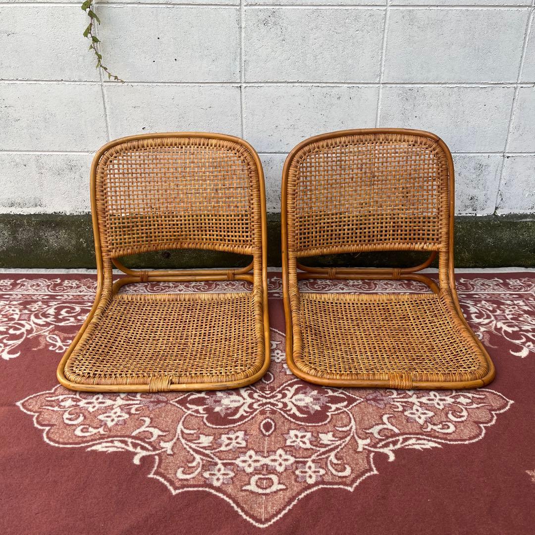 2点セットさ◾️古家具 ビンテージ品 籐ラタンフレーム 座椅子 ナチュラル天然素材