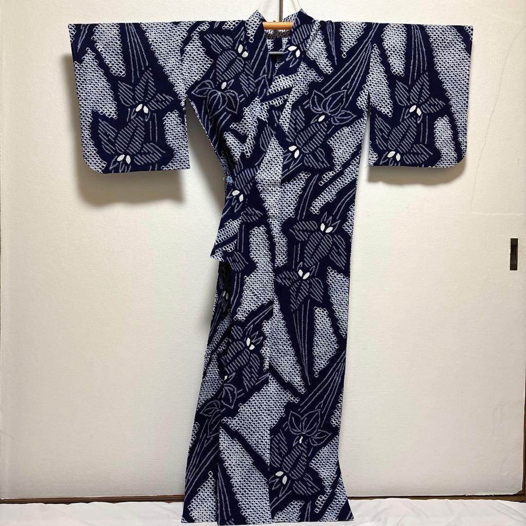 浴衣【有松絞り】白紺色 女性用 木綿 夏用 総絞り 有松鳴海絞り 菖蒲柄 藍染