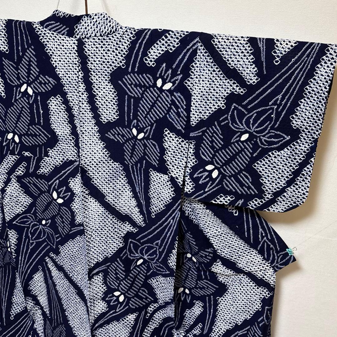 浴衣【有松絞り】白紺色 女性用 木綿 夏用 総絞り 有松鳴海絞り 菖蒲柄 藍染