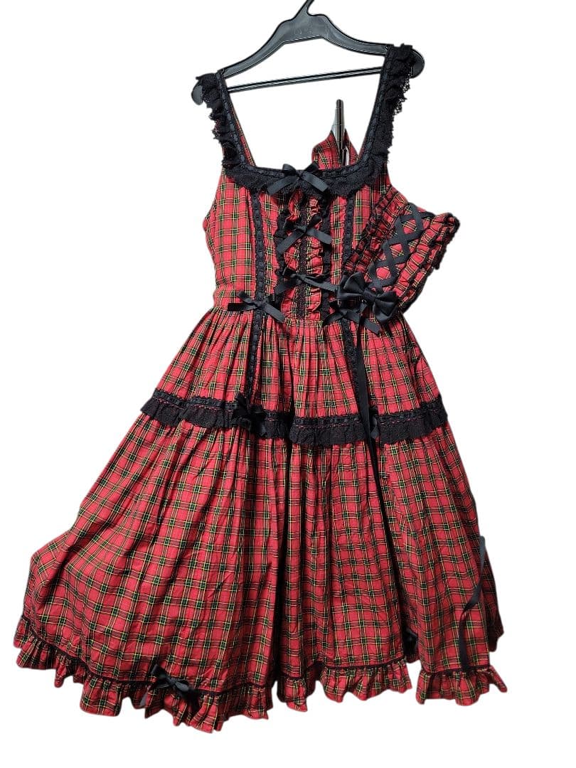Sweetタータンはしごレースフリルジャンパースカート ヘッドドレス 赤