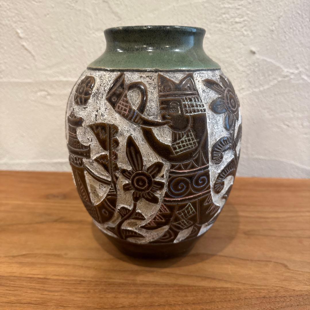 琉球古典焼 壺 花瓶 エジプト紋 魚紋