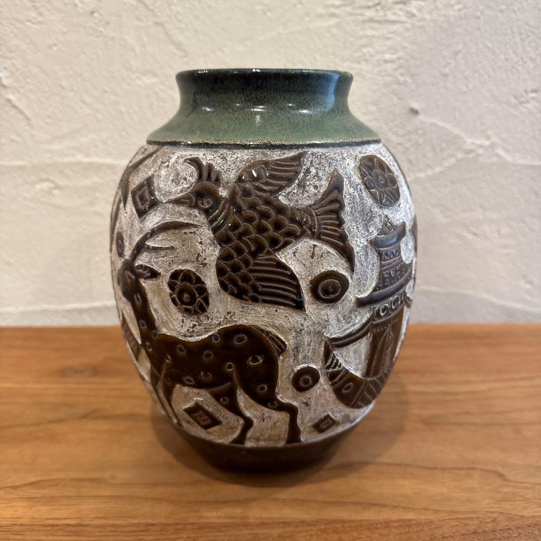 琉球古典焼 壺 花瓶 エジプト紋 魚紋