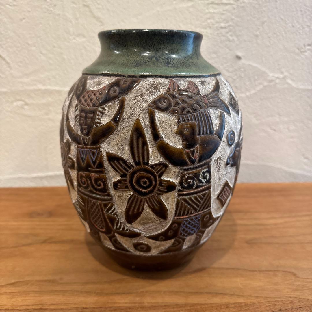 琉球古典焼 壺 花瓶 エジプト紋 魚紋
