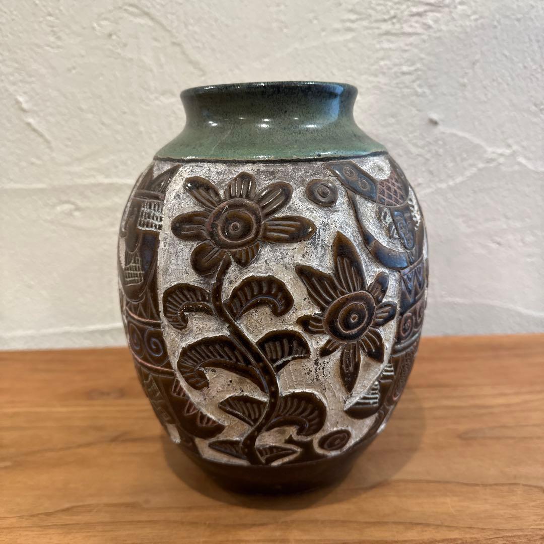 琉球古典焼 壺 花瓶 エジプト紋 魚紋