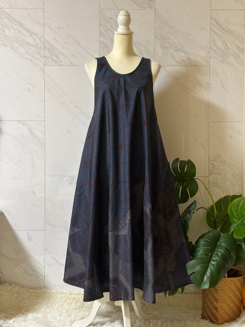 2-17大島紬リメイク　大島紬ロングワンピース　大島紬ジャンパースカート