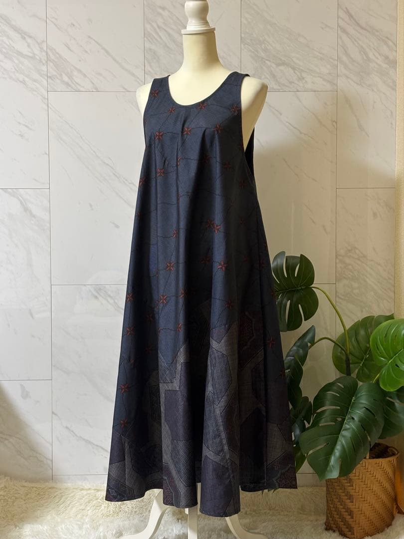 2-17大島紬リメイク　大島紬ロングワンピース　大島紬ジャンパースカート