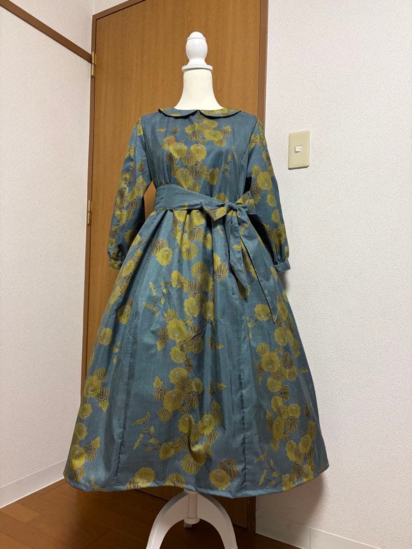 着物リメイク♪ 大島紬　ふんわりワンピース　MーL 菊模様　総裏地付き♪