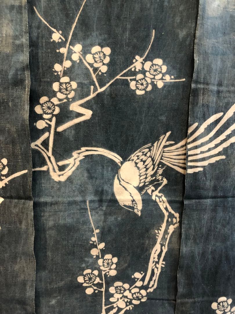 藍染筒描き三巾加賀のれん時代物木綿古布　ソ-282