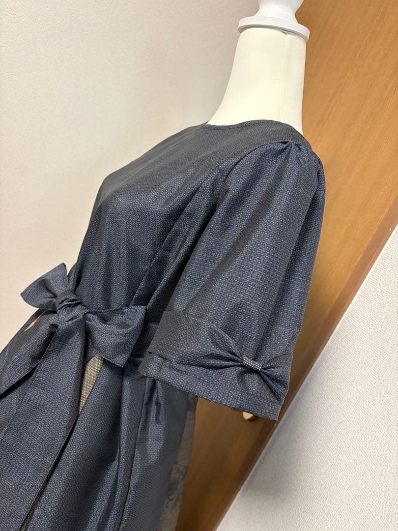 着物リメイク　大島紬　パッチワンピース　MーL リボン袖　裏地付き　薔薇柄