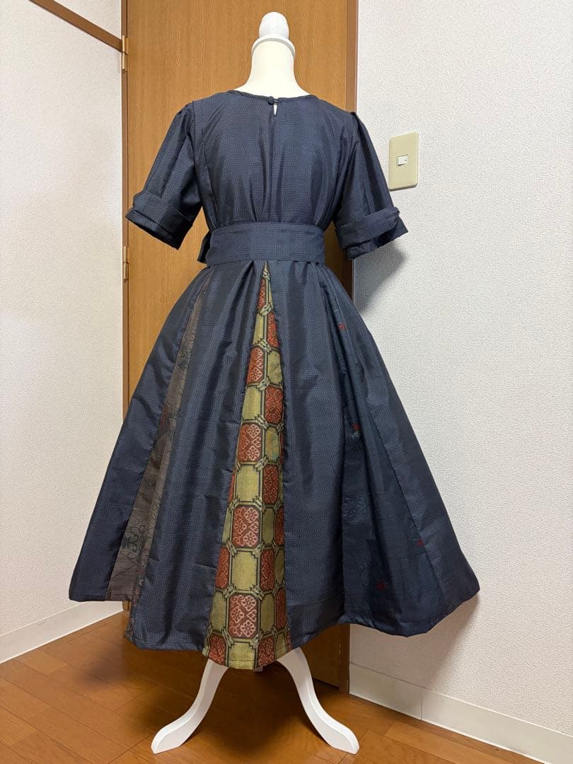 着物リメイク　大島紬　パッチワンピース　MーL リボン袖　裏地付き　薔薇柄