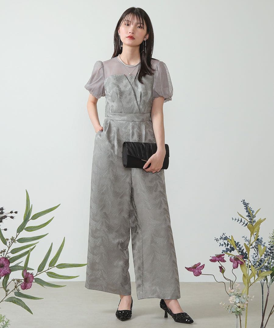 Kana チュール パフスリーブ ワイドパンツ オールインワン ハイウエスト　S