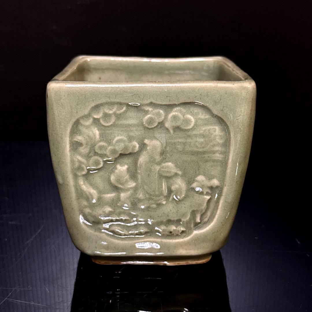 江戸期 三田焼 青磁 窓絵人物図 火入 灰器 茶道具