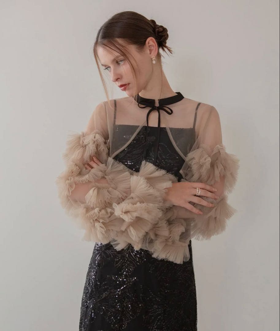 LEJA（レジャ）フリルチュールスリーブリボンIラインワンピースドレス