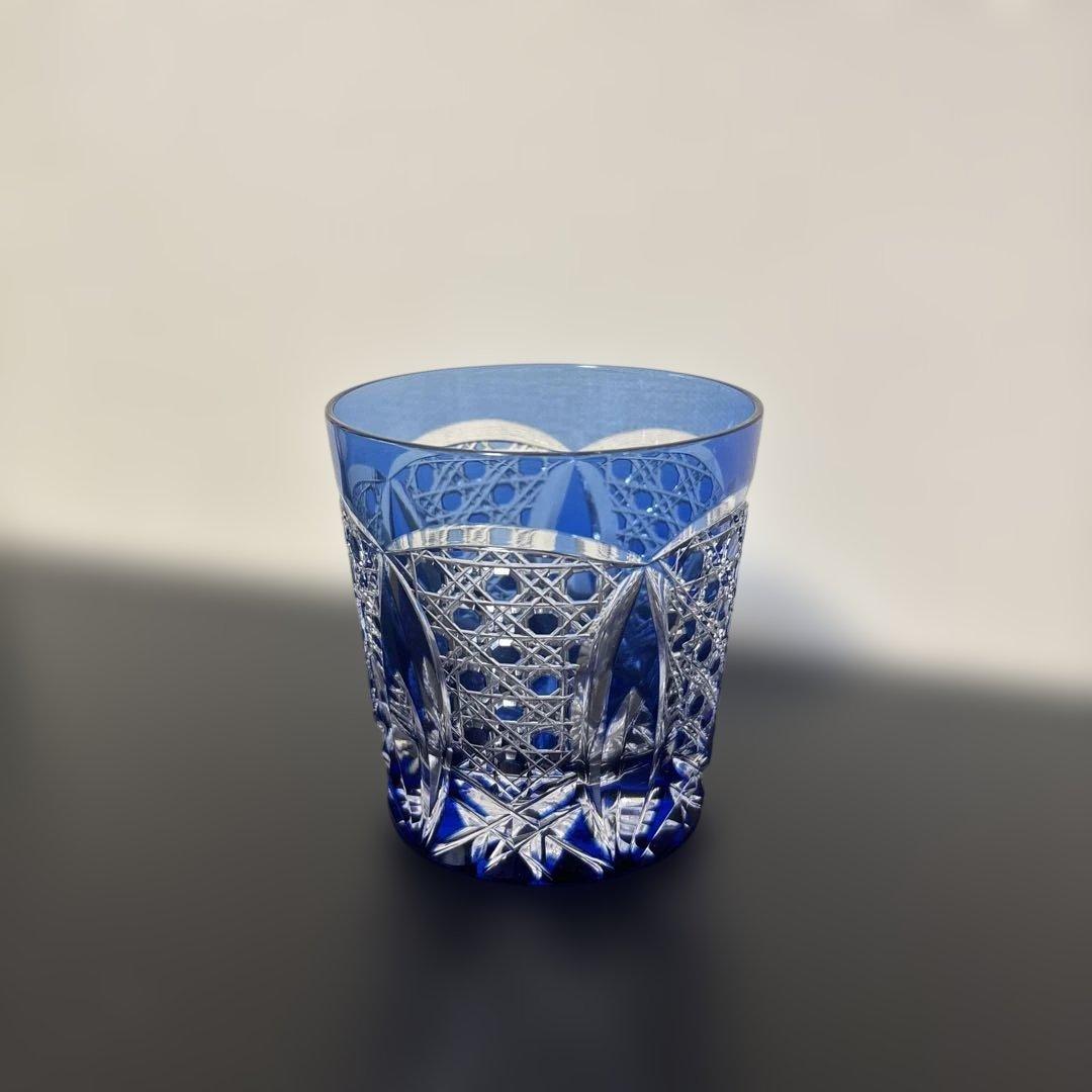 江戸切子　カガミクリスタル　木村秋男デザイン　ロックグラス　青