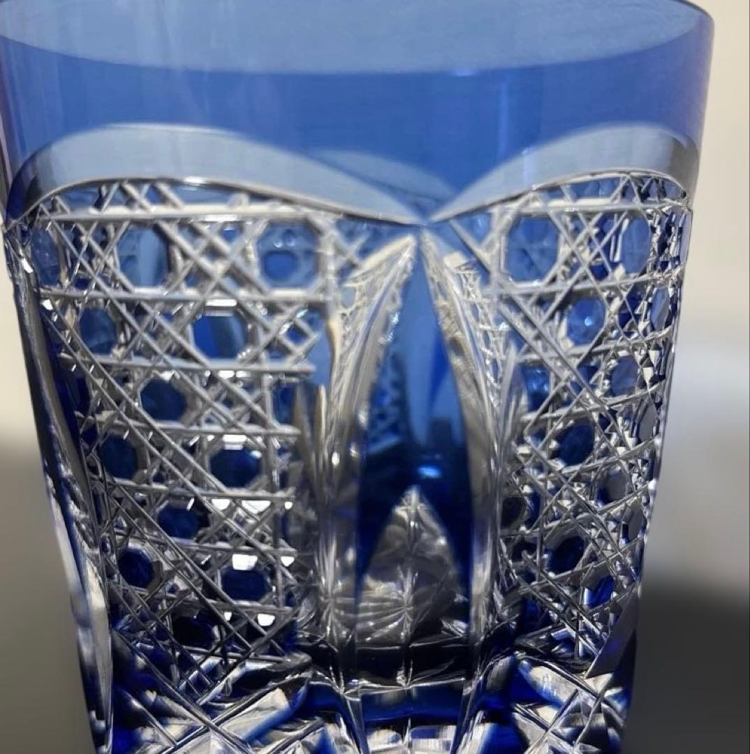 江戸切子　カガミクリスタル　木村秋男デザイン　ロックグラス　青