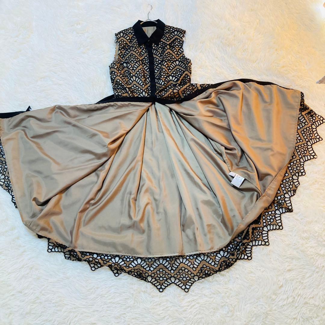 美品 ダイアグラム Aライン 総柄 刺繍 ベルト ノースリーブ ワンピース 36