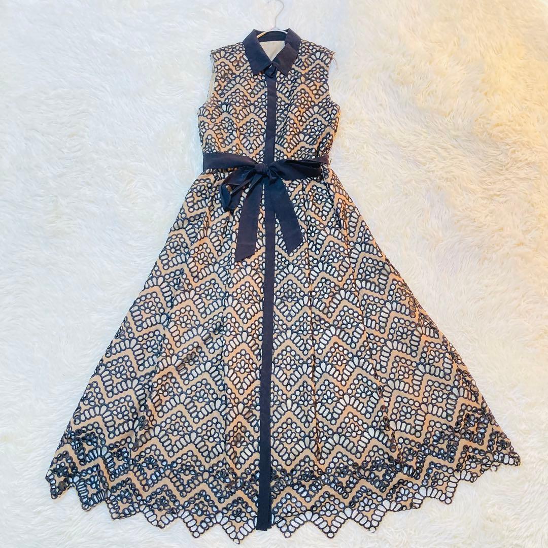 美品 ダイアグラム Aライン 総柄 刺繍 ベルト ノースリーブ ワンピース 36