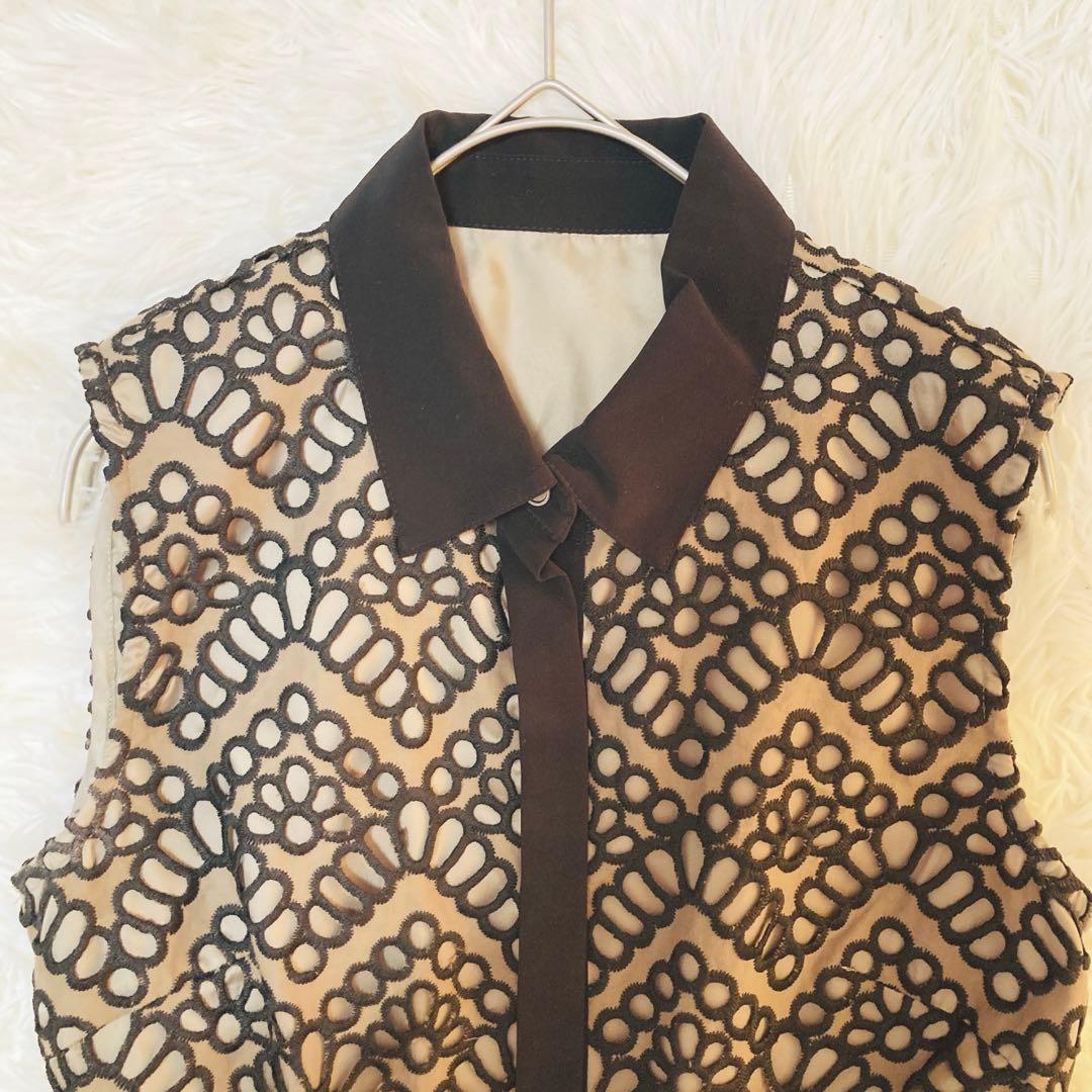 美品 ダイアグラム Aライン 総柄 刺繍 ベルト ノースリーブ ワンピース 36