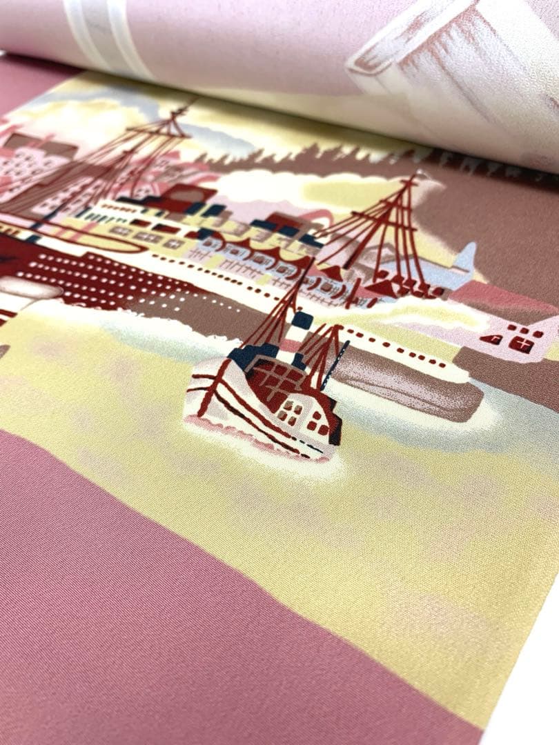 長襦袢 れとろもだん 港風景に酒瓶 洒落襦袢 蘇芳香色 正絹 反物