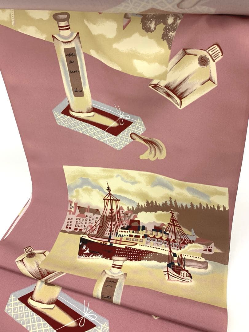 長襦袢 れとろもだん 港風景に酒瓶 洒落襦袢 蘇芳香色 正絹 反物