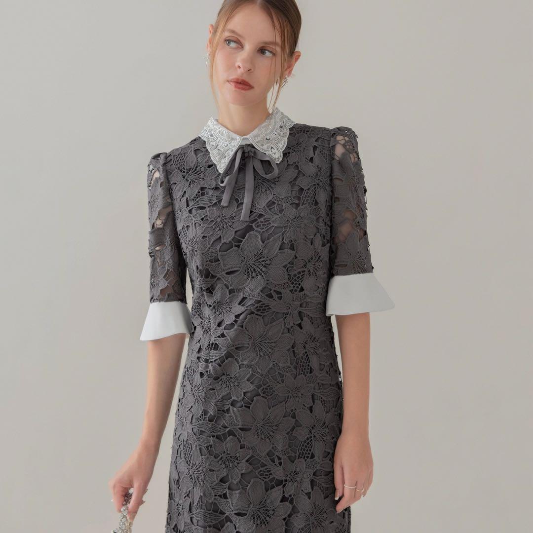 LEJA パールカラーボウタイフラワーレースフィッシュテールワンピースドレス