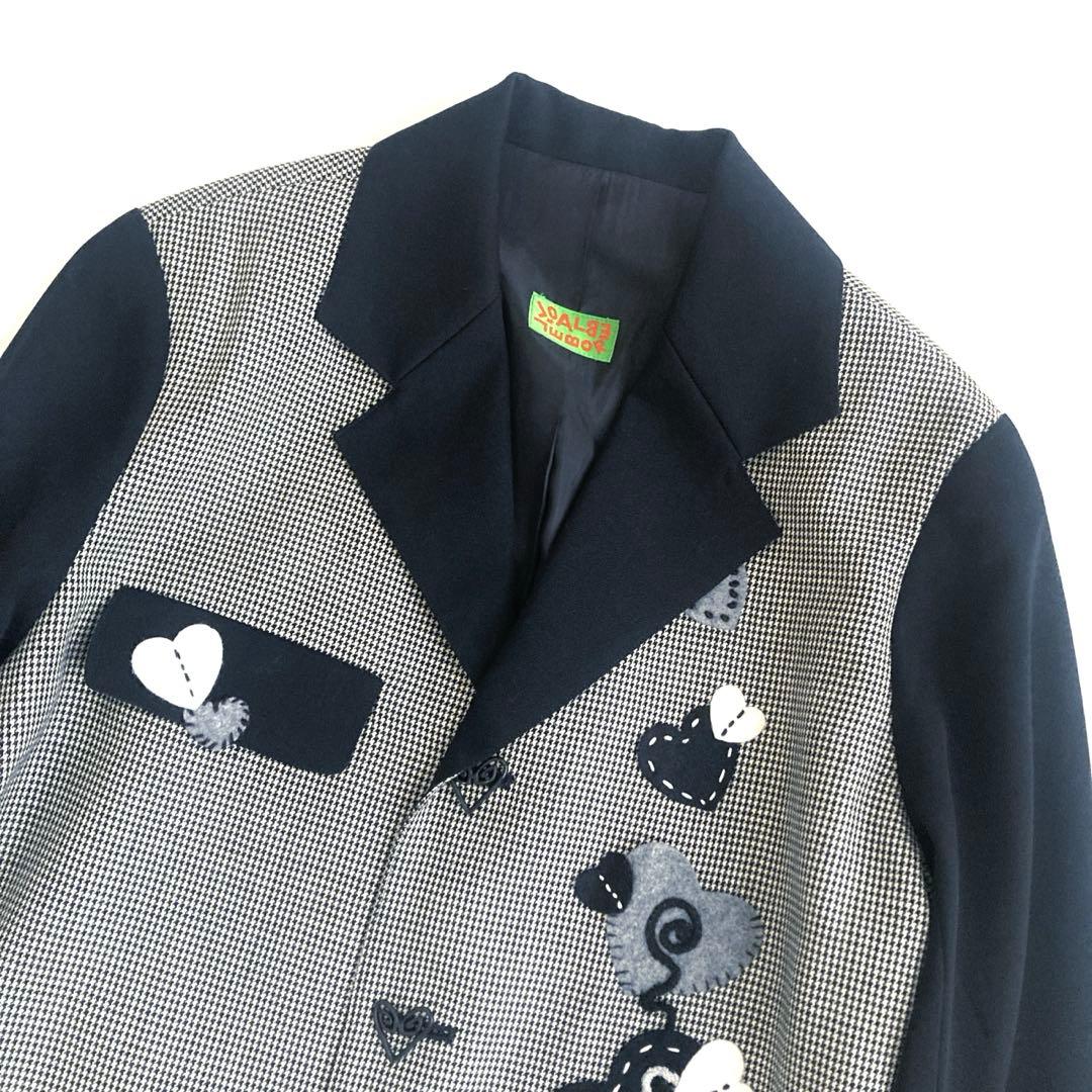 アルベロベロ テーラードジャケット 千鳥格子 刺繍 ハート アシンメトリー 黒