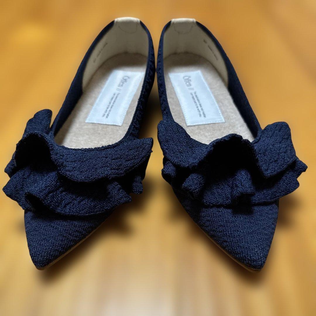 Öffen pointed-frin NAVY 40 フリルパンプスオッフェン