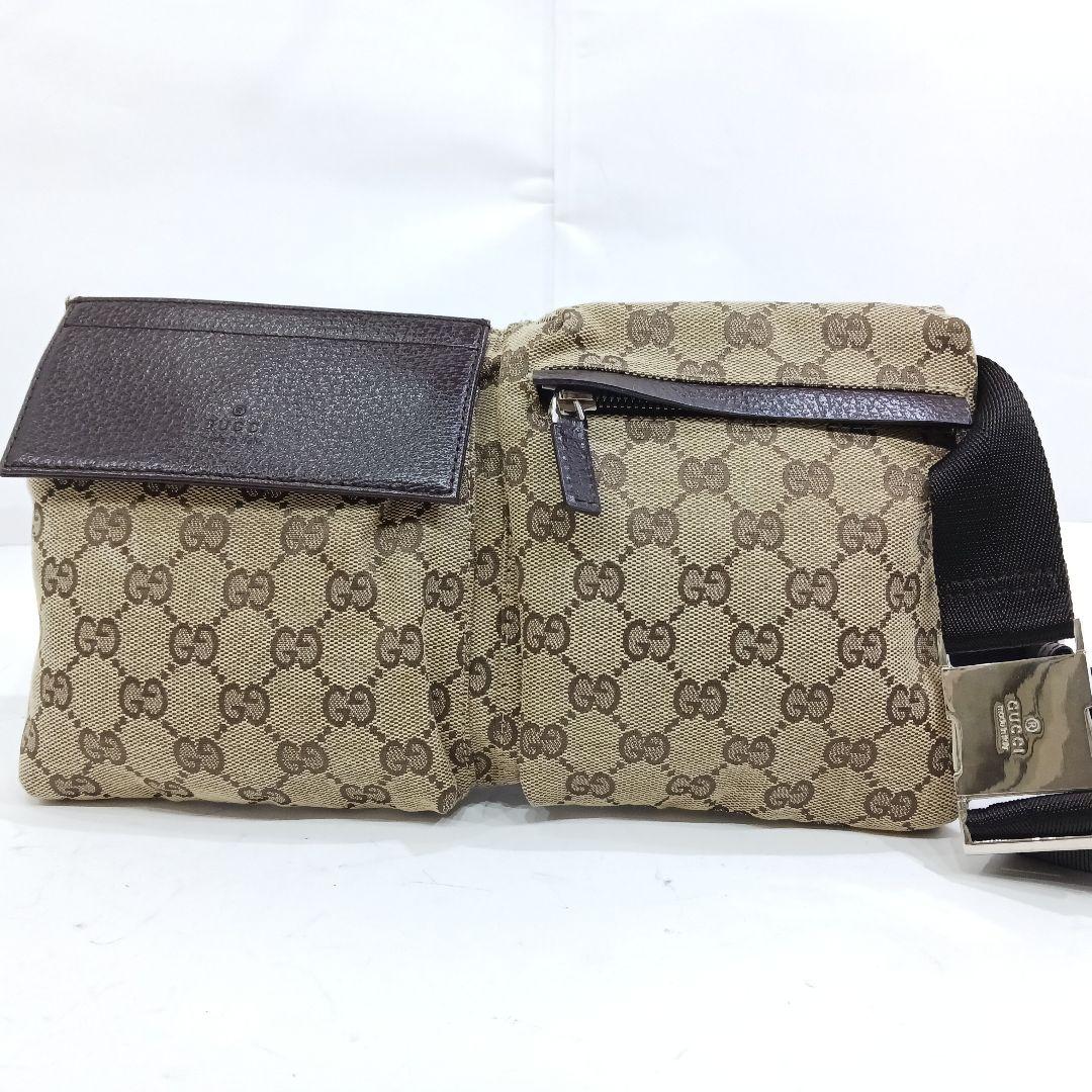 【美品】グッチ ボディバッグ ウエストポーチ レザー×キャンバス GG ブラウン