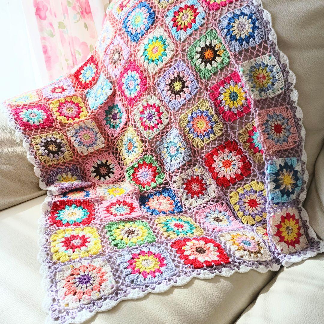 手編みブランケット★カラフル★グラニースクエア★コットン